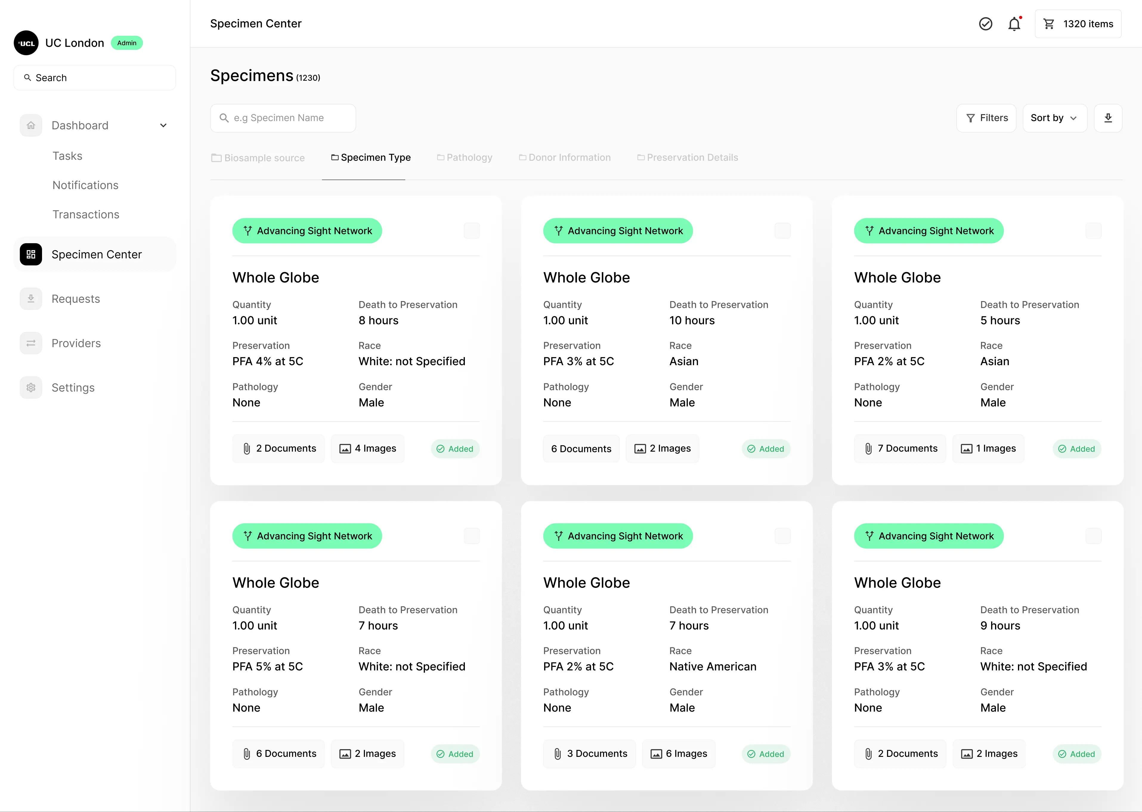 Specimen Center UI