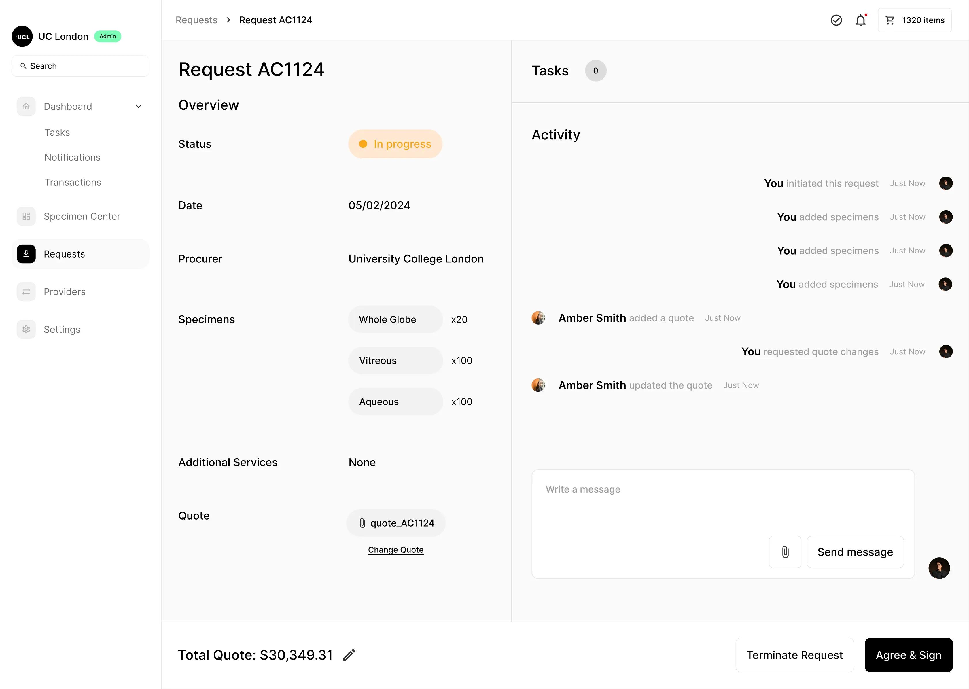 Specimen Center Request UI